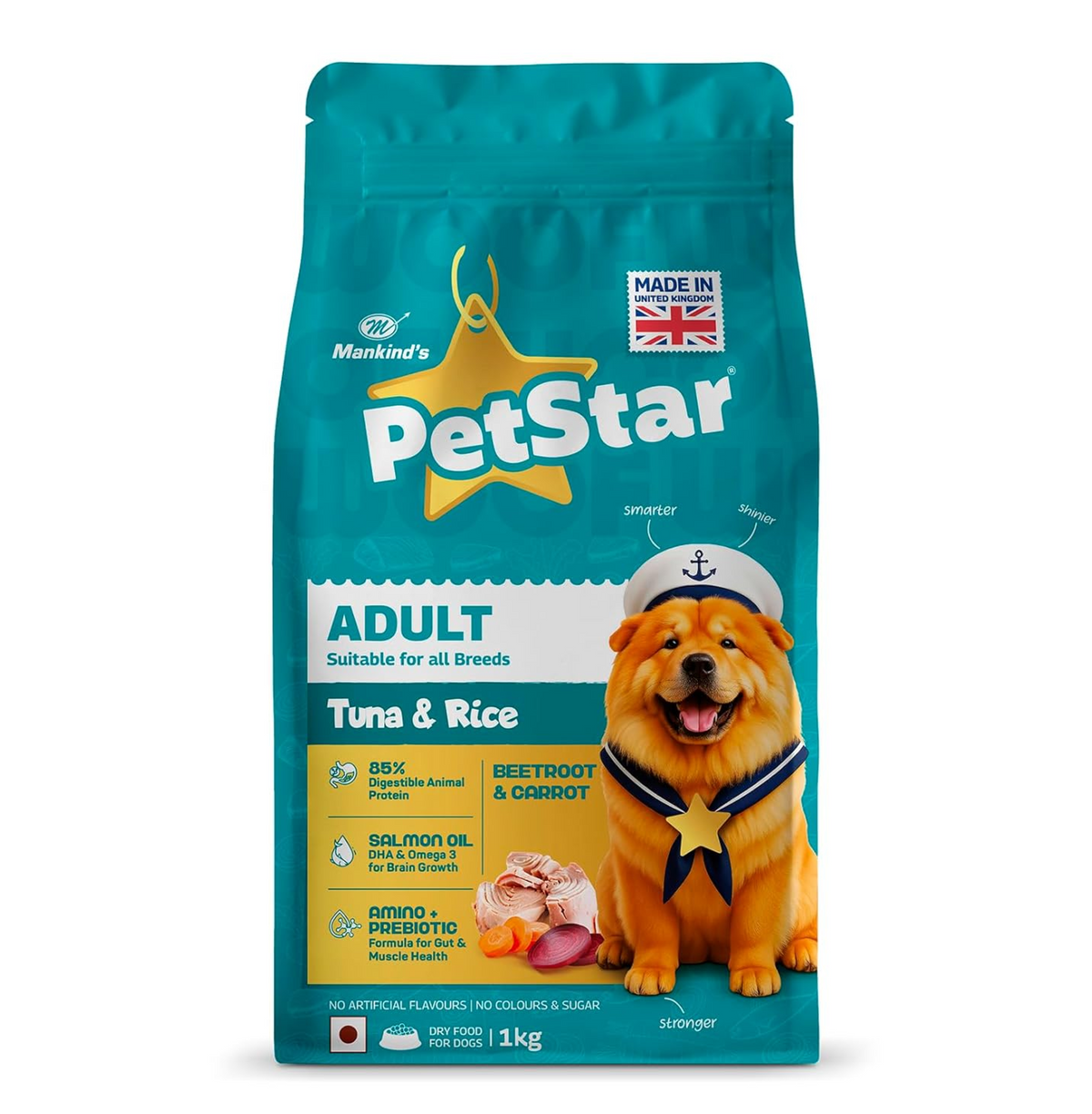 Petstar Adult Dry Dog Food 1 kg, Tuna & Rice Formula, High Protein, Easy Digestion, Immunity Support, No Artificial Flavours or Added Sugar