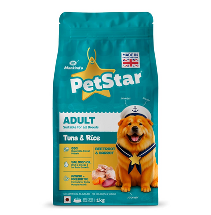 Petstar Adult Dry Dog Food 1 kg, Tuna & Rice Formula, High Protein, Easy Digestion, Immunity Support, No Artificial Flavours or Added Sugar