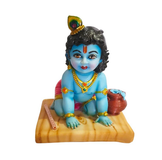 Bal Krishna Laddu Gopal Murti 4 Inch, Marble Krishna Idol with Makhan Matki, Multicolor Glossy Hindu God Statue for Home Temple, Pooja Room & Janmashtami Decor