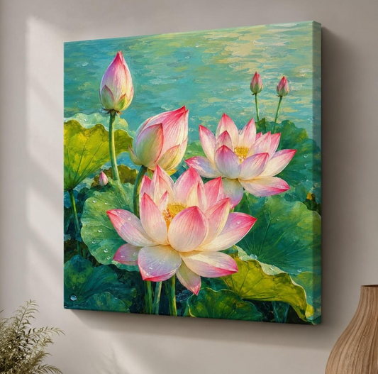 Lotus Flower Painting for Wall Vastu (15+ DESIGNS) Framed Lotus Canvas Painting for Living Room, Bedroom | Nature Floral Wall Art with Multiple Design Variations (Multi Lotus, 18x18 Inch, Framed)
