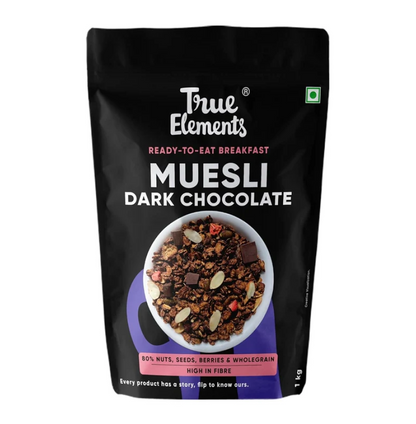 True Elements Dark Chocolate Muesli 1kg | Nuts & Berries Muesli | 13g Clean Protein | 13% Millet | Cereal for Breakfast | Gluten Free Breakfast