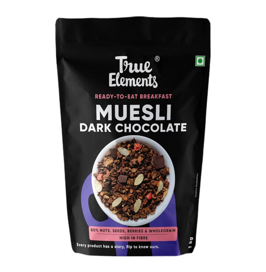 True Elements Dark Chocolate Muesli 1kg | Nuts & Berries Muesli | 13g Clean Protein | 13% Millet | Cereal for Breakfast | Gluten Free Breakfast