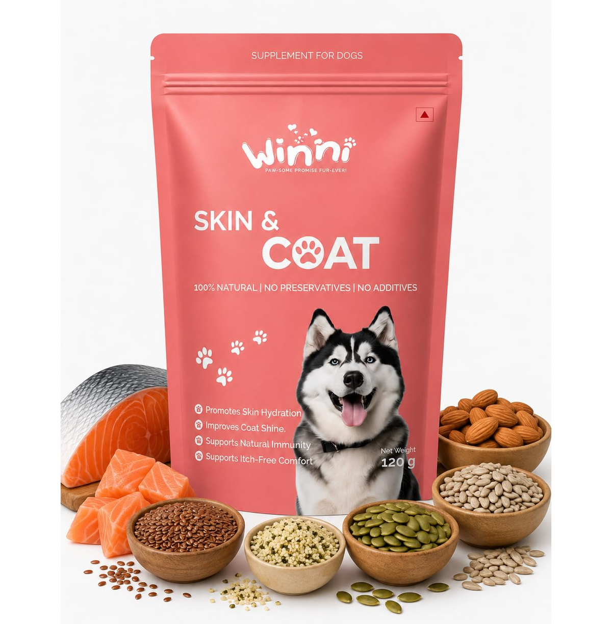 Winni Skin & Coat Supplement for Dogs | Supports Healthy Skin, Coat Shine & Natural Immunity | Chicken Flavor | Suitable for Puppies, Adult & Senior Dogs | Natural Formula | 120g