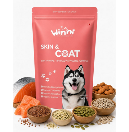 Winni Skin & Coat Supplement for Dogs | Supports Healthy Skin, Coat Shine & Natural Immunity | Chicken Flavor | Suitable for Puppies, Adult & Senior Dogs | Natural Formula | 120g