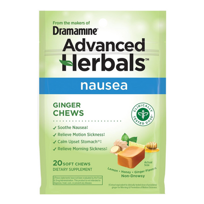 Dramamine, Advanced Herbals, Ginger Chews, Nausea Relief Soft Chews Lemon-Honey-Ginger, 20 Count