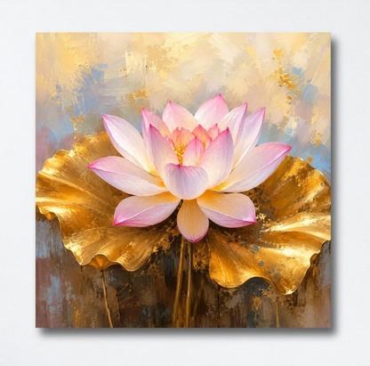 Lotus Flower Painting for Wall Vastu (15+ DESIGNS) Framed Lotus Canvas Painting for Living Room, Bedroom | Nature Floral Wall Art with Multiple Design Variations (Pink Golden Lotus, 18x18 Inch, Framed)
