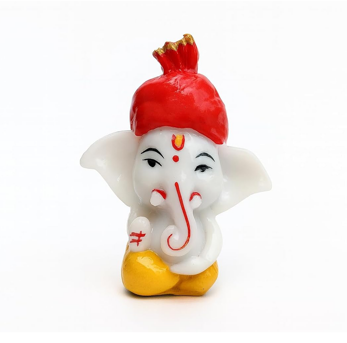 Pagadi Ganesha Lord Ganesh Idol, White and Red Resin Statue with Golden Crown, Decorative Religious Hindu Temple Pooja Room Home Office Car Dashboard Decor