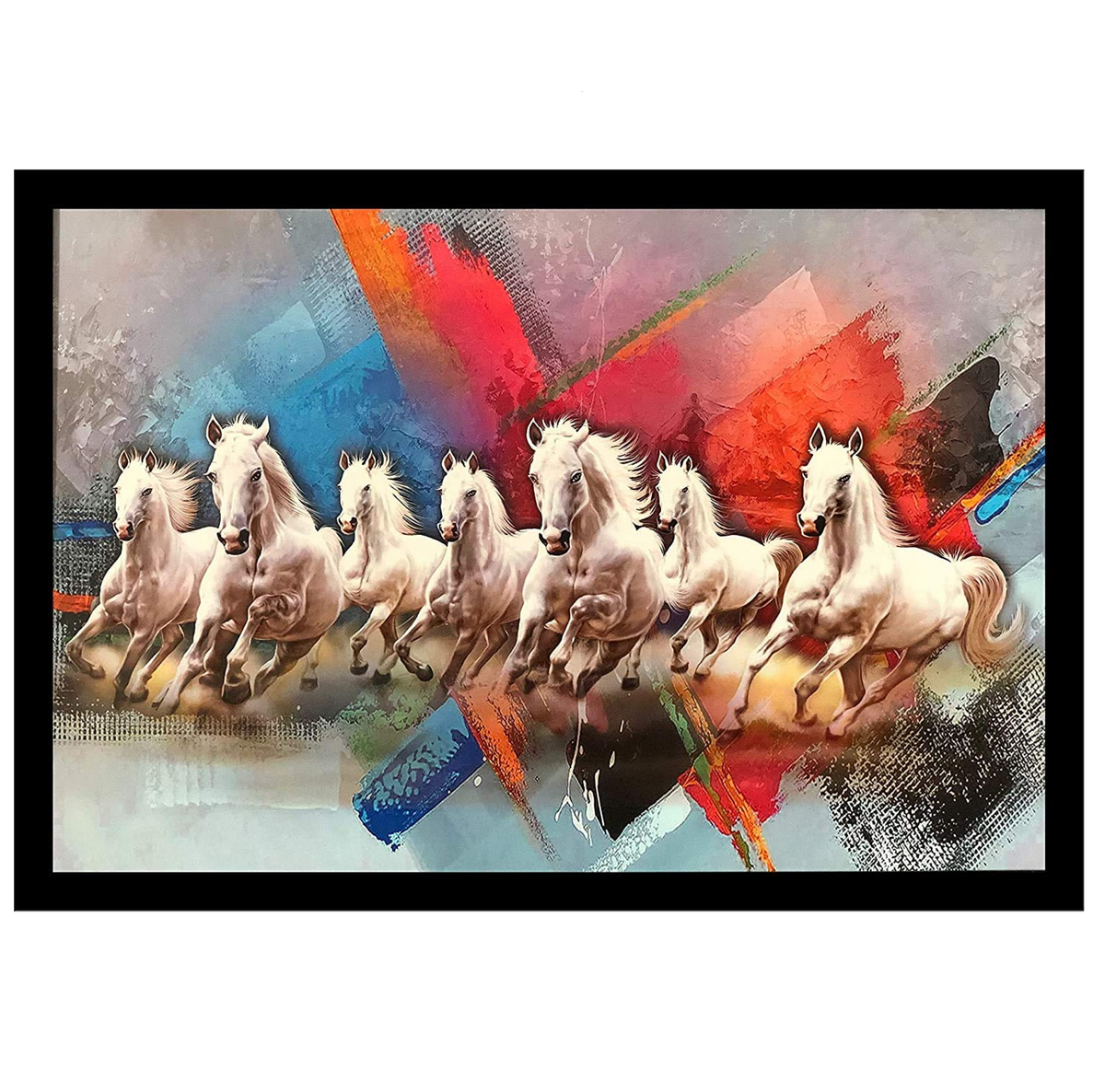 Wood Seven Lucky Running Vastu Horses Art Framed Painting Ready to hang - (White, 12inch x 18 inch)