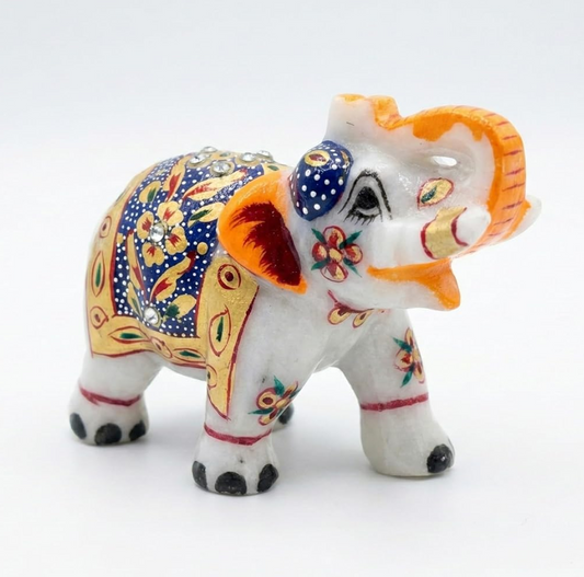 Handcrafted White Marble Elephant Statue with – Trunk Up Elephant Figurine for Vastu, Home Decor, & Mandir – Traditional Rajasthani Handicraft Showpiece - 3"