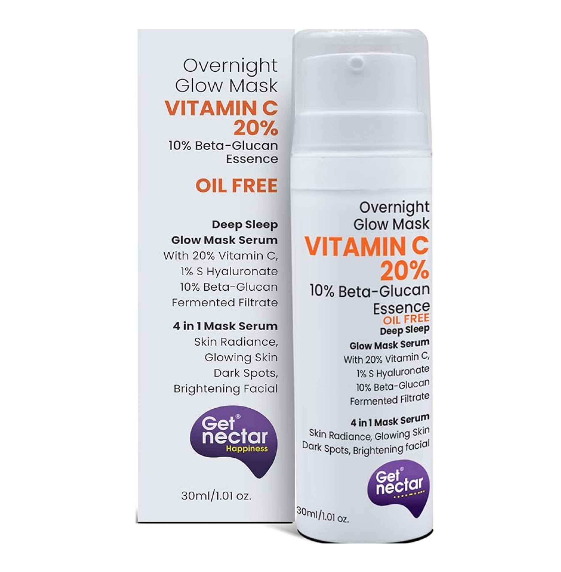 Skincare product with packaging labeled 'Overnight Glow Mask' featuring Vitamin C and Get Nectar branding.