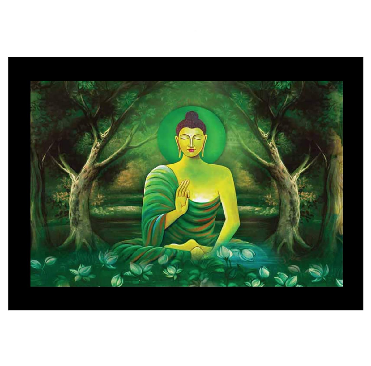 Wood Blessing Buddha Art Framed Painting with Ready to Hang, adds Soothing Effect to Environment (Wooden Frame, 12inch x 18 inch)
