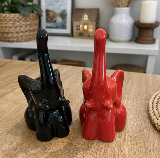 Ceramic Elephant Figurines, Set of 2, Black and Red, Glossy Finish, Trunk Up, Home Decor Sculptures