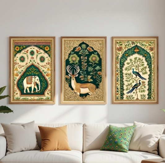 Set of 3 Traditional Indian Animal Wall Paintings Elephant Deer Peacock Premium MDF Wooden Color Framed HD UV Printed Art for Living Room Bedroom Home Decor 11 Inch x 14 Inch
