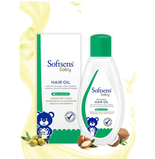 Softsens Baby Natural Hair Oil 100ml | Nourishing Hair & Scalp Oil with Coconut, Almond, Argan & Sesame Oils | Dermatologically Tested & Hypoallergenic, Free from Parabens