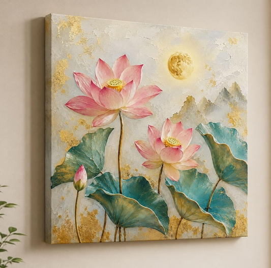 Lotus Flower Painting for Wall Vastu (15+ DESIGNS) Framed Lotus Canvas Painting for Living Room, Bedroom | Nature Floral Wall Art with Multiple Design Variations (Pink Multi Lotus, 18x18 Inch, Framed)