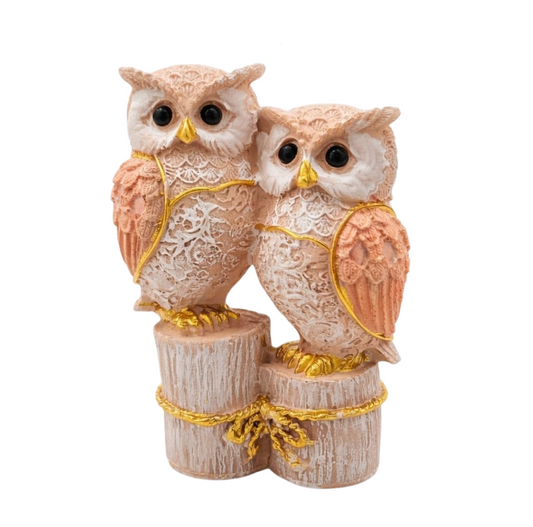 Owl Couple Figurine | Resin | Intricate Pattern Design | Tabletop Showpiece for Home, Office & Bedroom (Peach-White)