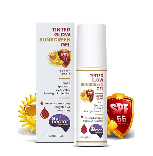 Tinted glow sunscreen gel with packaging on a white background