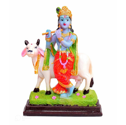 Lord Krishna Idol with Cow | Resin Figurine | Multicolour | Handcrafted | Home Decor and Spiritual Gift