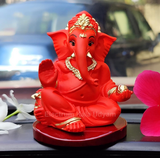 Handcrafted Poly Resin Ganesha Statue with Base - Perfect for Car Dashboard, Office Desk, Shelves, and Home Decor - Ideal Housewarming Gift! (GaddiOrangewithbase)