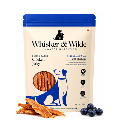Whisker and Wilde Dehydrated Chicken Jerky | Dog Treats | Antioxidant Boost with Blueberry | Dental Chew | Training and Reward | Human-Grade | No Preservatives | 70g