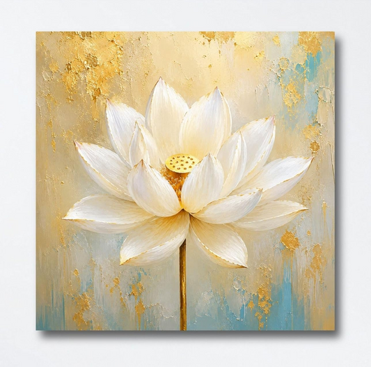 Lotus Flower Painting for Wall Vastu (15+ DESIGNS) Framed Lotus Canvas Painting for Living Room, Bedroom | Nature Floral Wall Art with Multiple Design Variations (White Abstract Lotus, 18x18 Inch, Framed)