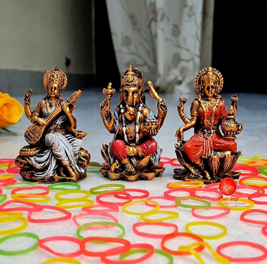 Goddess Lakshmi, Lord Ganesh and Goddess Saraswati Idol/Statue/Murti Decorative Showpiece, Saraswati Ganesha Laxmi Figurine for Puja