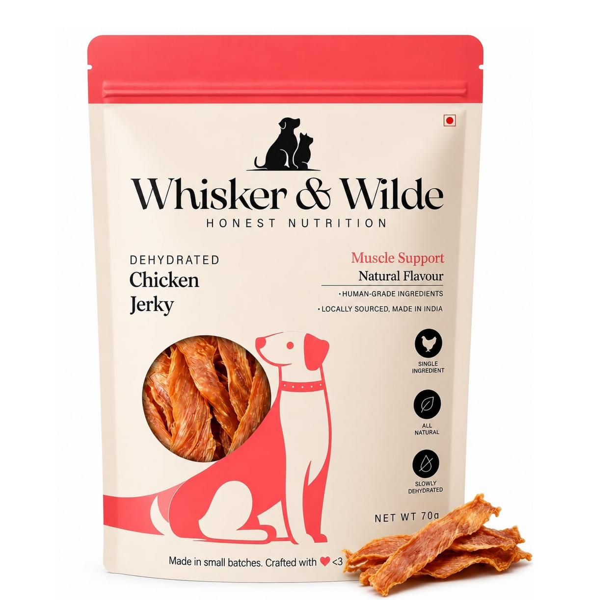 Whisker and Wilde Dehydrated Chicken Jerky | Dog Treats | Training and Reward | Dental Chew | Muscle Support | No Preservatives | 70g (Natural Chicken)