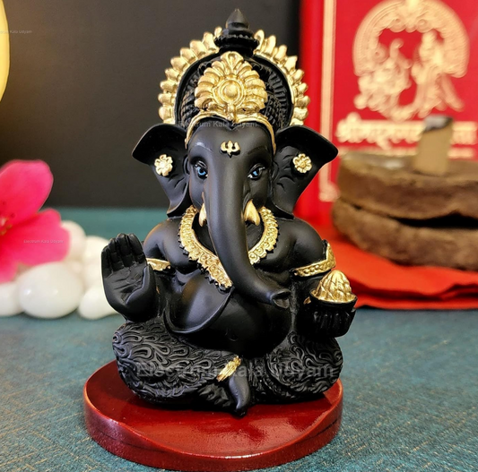 Handcrafted Poly Resin Ganesha Statue with Base - Perfect for Car Dashboard, Office Desk, Shelves, and Home Decor - Ideal Housewarming Gift! (Mukutblackwithbase)