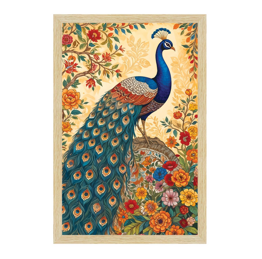 Peacock Painting For Wall Vastu with Frame for Home Decoration, Madhubani Painting for Living Room, 12.0 X 18.0 inches, Set Of 1