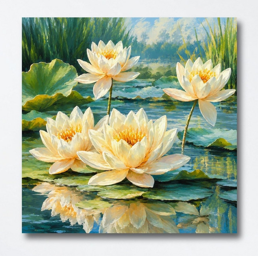 Lotus Flower Painting for Wall Vastu (15+ DESIGNS) Framed Lotus Canvas Painting for Living Room, Bedroom | Nature Floral Wall Art with Multiple Design Variations (Yellow White Lotus, 18x18 Inch, Framed)