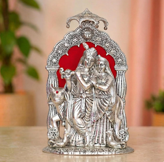 KridayKraft Metal Radha Krishna Idol with Cow Decorative Showpiece Statue for Puja Room Home Office Desk Gift Items Ornate Metal Sculpture of Hindu Deities (Silver, Height 33 CM)