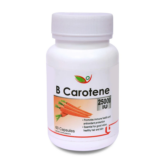 Biotrex Beta Carotene 25000IU - Essential for good vision, healthy hair and skin (60 Capsules), nutritional supplement, multivitamins, vitamin capsules, for men, women and adults, health supplements,