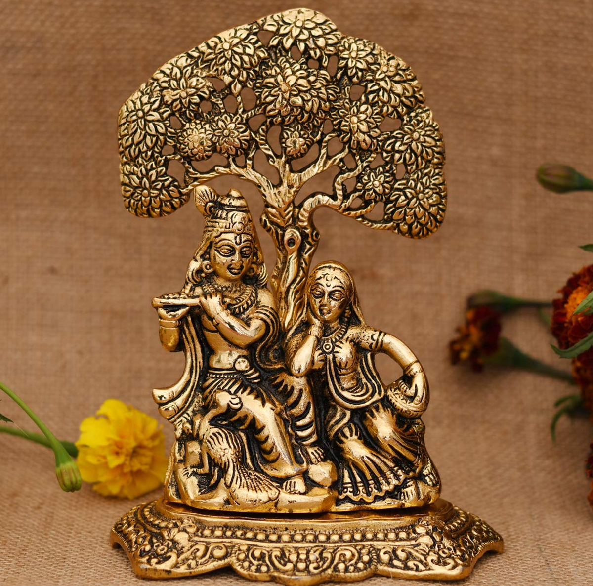 Radha Krishna Sitting Under Tree Idol Metal Statue Showpiece