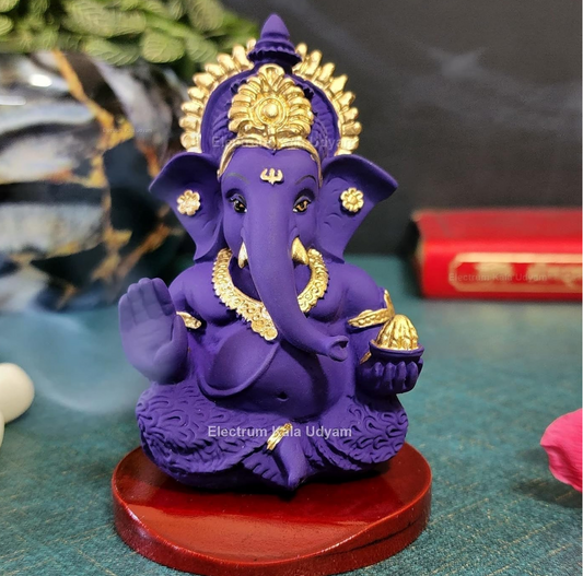 Handcrafted Poly Resin Ganesha Statue with Base - Perfect for Car Dashboard, Office Desk, Shelves, and Home Decor - Ideal Housewarming Gift! (MukutVioletMDF)