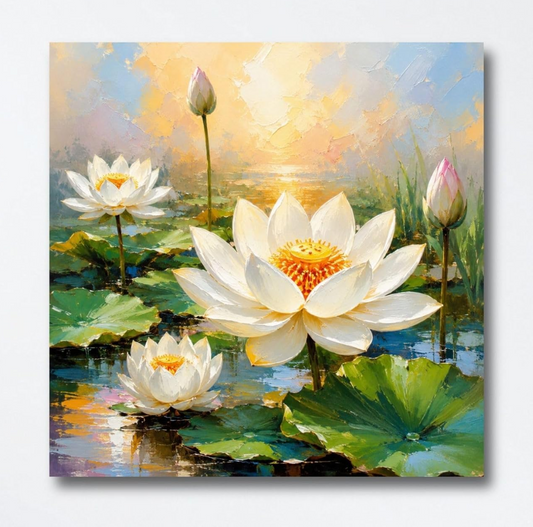 Lotus Flower Painting for Wall Vastu (15+ DESIGNS) Framed Lotus Canvas Painting for Living Room, Bedroom | Nature Floral Wall Art with Multiple Design Variations (White Lotus, 18x18 Inch, Framed)