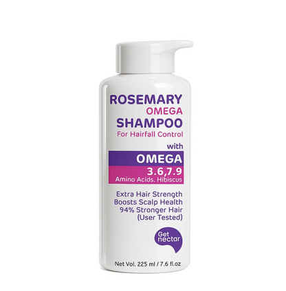 Rosemary Omega Shampoo bottle with text on a white background