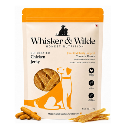 Whisker and Wilde Dehydrated Chicken Jerky | Dog Treats | Natural Joint Support with Turmeric | Dental Chew | Training and Reward | No Preservatives | 70g