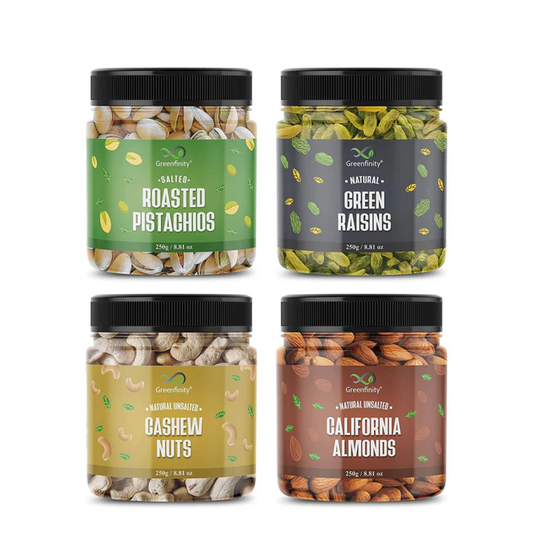 GreenFinity Dry Fruits Combo Pack- Green Raisins, Almonds, Roasted Pistachios, Cashews | Nutritious Healthy Snacks Ideal for Gifting, Festive Hampers, Family and Friends Treats (250g Each-Pack of 4)
