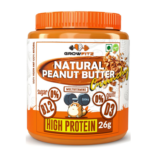 Growfitz Natural Peanut Butter Crunchy 26g, 800 Gram, Pack of 1 | Unsweetened | High Protein | Nut Butter Spread-Workout Snacks | No Sugar, Cholesterol Free, Multi-Vitamins & Boost Muscles (Crunchy)
