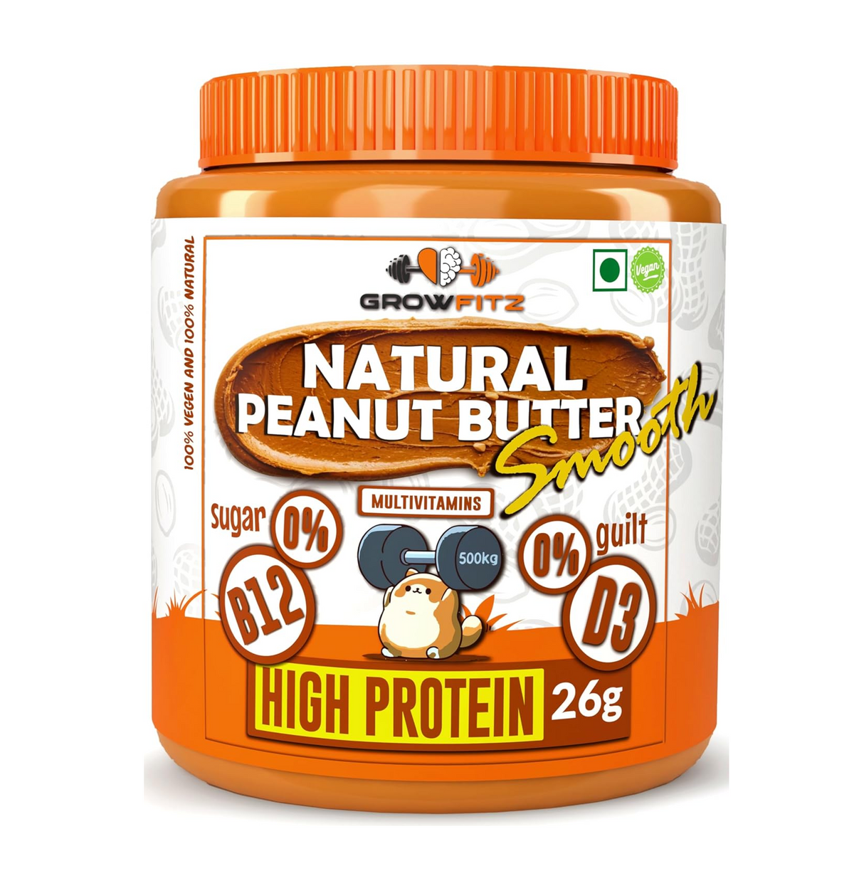 Growfitz Natural Peanut Butter Smooth 800g | 26g High Protein | Unsweetened, 100% Roasted Peanuts | Nut Butter Spread for Workout | No Sugar, No Palm Oil, Gluten & Cholesterol Free (Pack of 1)