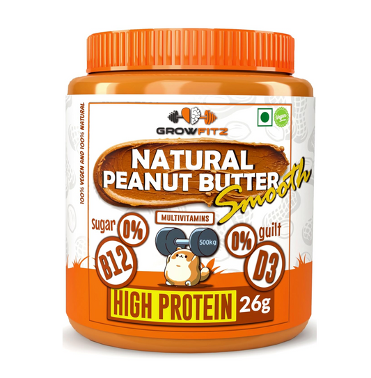 Growfitz Natural Peanut Butter Smooth 800g | 26g High Protein | Unsweetened, 100% Roasted Peanuts | Nut Butter Spread for Workout | No Sugar, No Palm Oil, Gluten & Cholesterol Free (Pack of 1)
