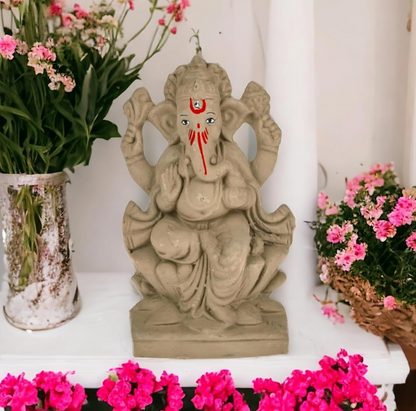 Panchgavya Mitti Lotus Ganesh Idol | Eco-Friendly Handcrafted Mud/Clay Ganesh Murti | Biodegradable Ganesha Statue for Visarjan | Ganesh Chaturthi (6.5x3.5 Inches)
