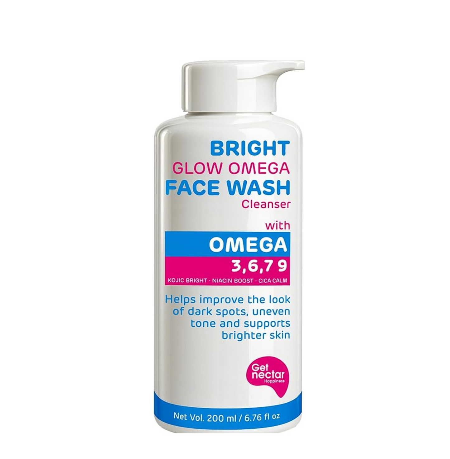 Bottle of Bright Glow Omega Face Wash with omega 3,6,7,9 on a white background