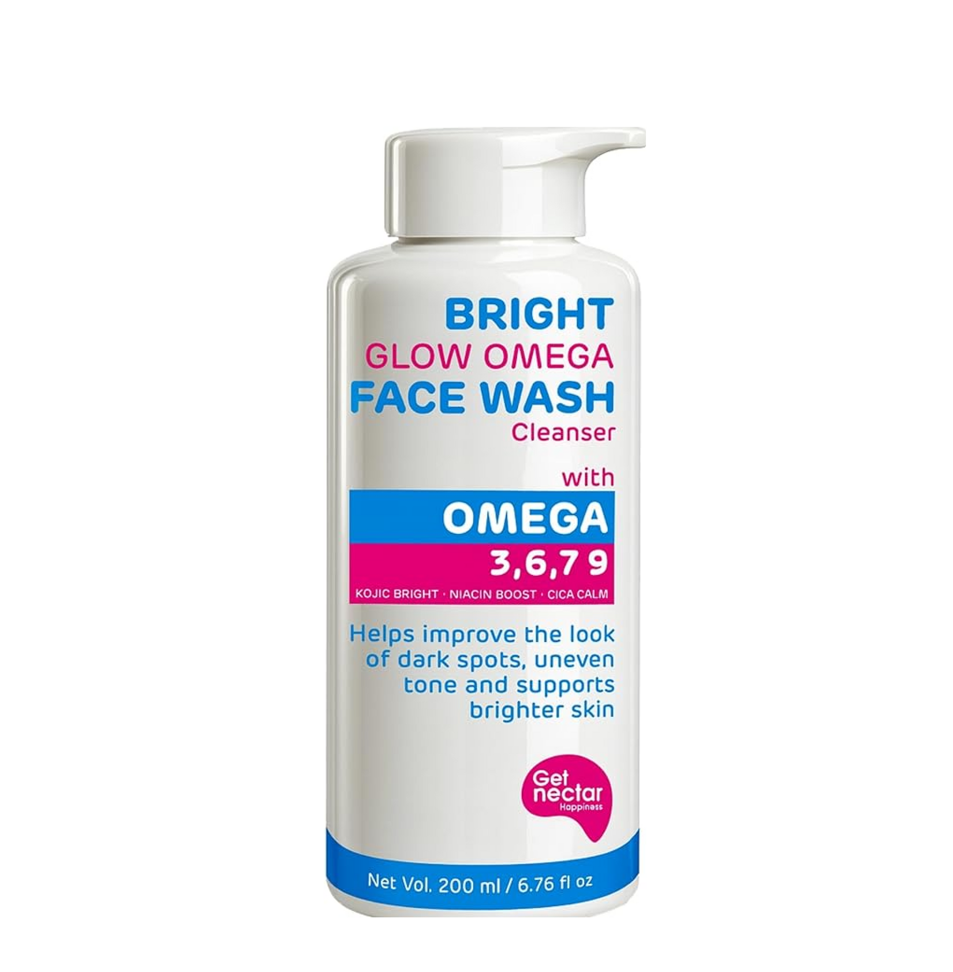 Bottle of Bright Glow Omega Face Wash with omega 3,6,7,9 on a white background