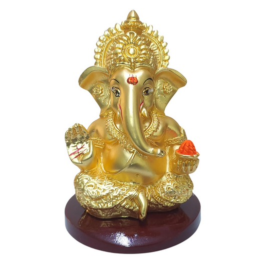 Handcrafted Poly Resin Ganesha Statue with Base - Perfect for Car Dashboard, Office Desk, Shelves, and Home Decor - Ideal Housewarming Gift! (GOLDMATTE)