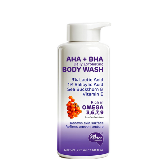 Body wash bottle with purple and white label on a white background