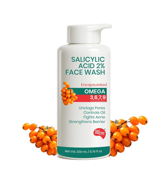 Salicylic acid face wash bottle with berries on a white background