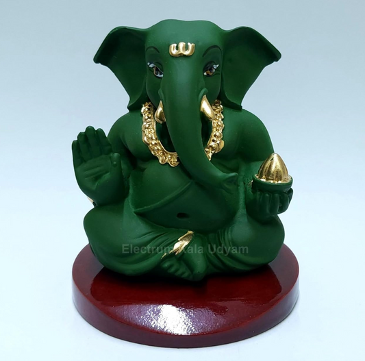Handcrafted Poly Resin Ganesha Statue with Base - Perfect for Car Dashboard, Office Desk, Shelves, and Home Decor - Ideal Housewarming Gift! (Appugreenwithbase)