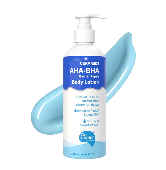 Body lotion bottle with blue label on a white background
