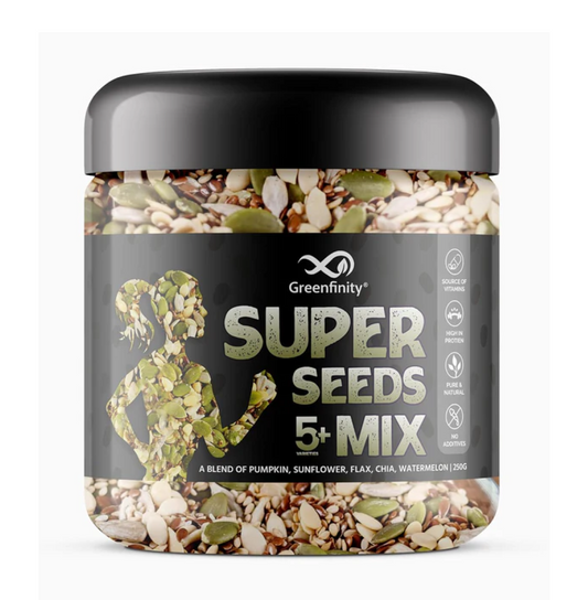GreenFinity Healthy Raw Mix Seeds- Pumpkin, Sunflower, Watermelon, Chia and Flax Seeds | Rich in Omega 3 Fiber and Antioxidant | Ideal for Weight Management, Immunity Booster, Salads and Baking (250g)